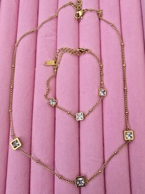 Gold-Tone Square Cubic Zirconia Necklace & Bracelet Set - Women Jewelry